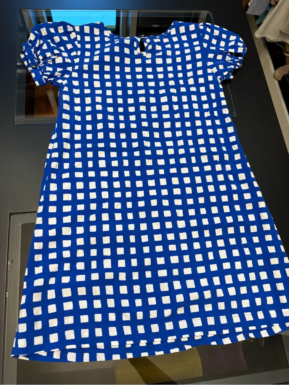 GAP Blue and White Gingham Puff-Sleeve Dress